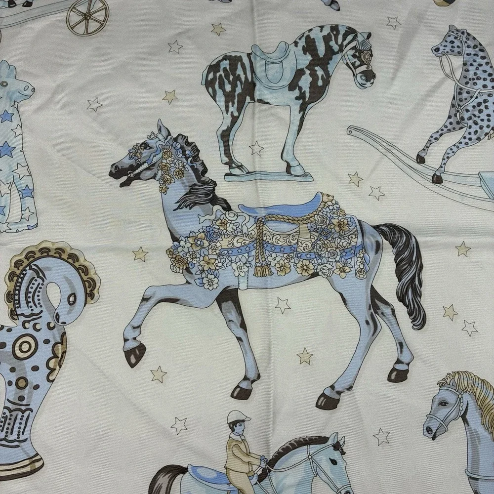 Vintage Longchamp Silk Scarf 34x34 Blue Horse Equestrian Floral Italy Square